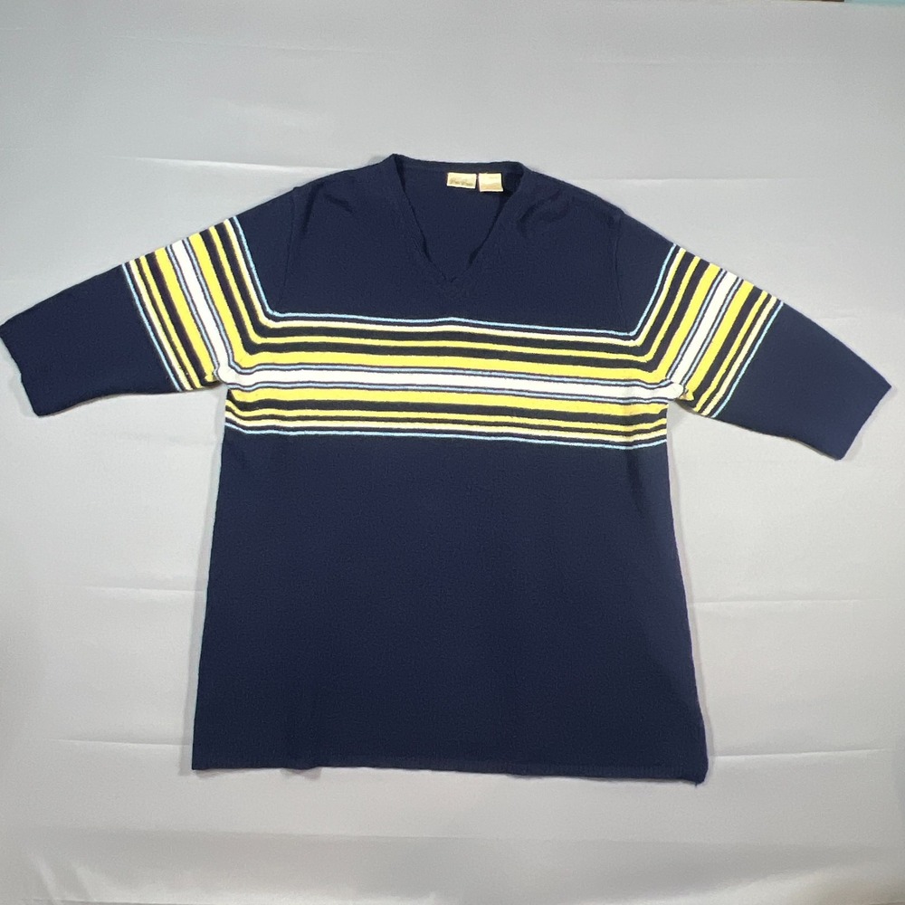 Bobbie Brooks Pullover Sweater Women 22-24 Navy Blue Striped V Neck Short Sleeve